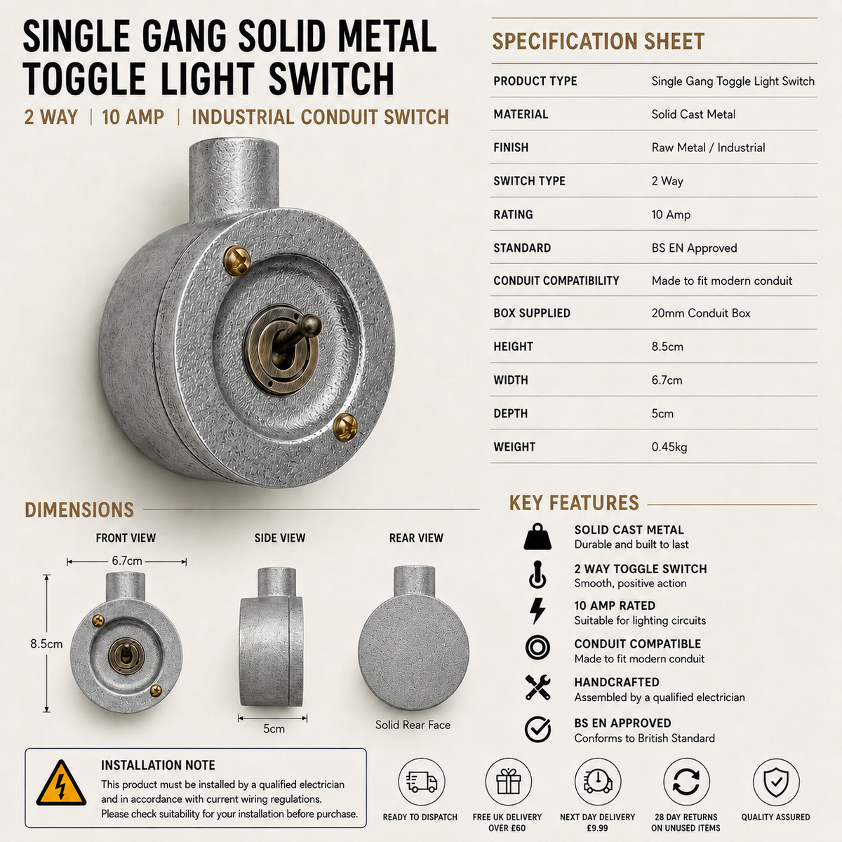 Single Gang Metal Conduit Light Switch | 2 Way Industrial Vintage Style