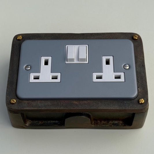 Grey Metal Clad Double Switched 13A Power Socket 230V 2 Gang Socket Antique Brass Conduit Switch