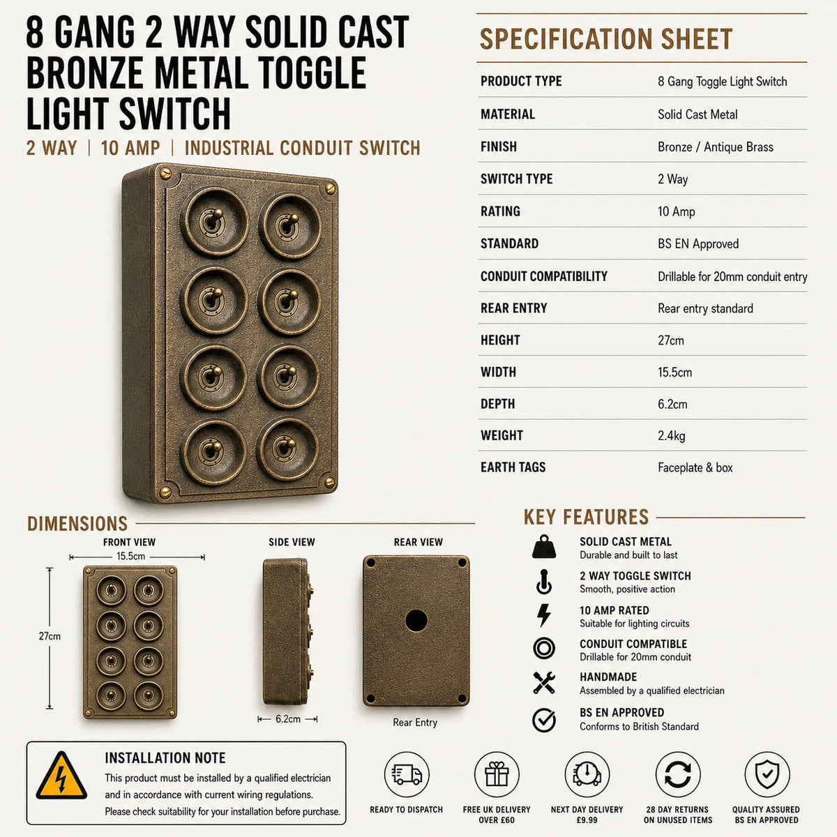 8 Gang 2 Way Antique Brass Cast Metal Toggle Light Switch