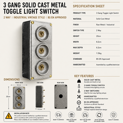 3 Gang Solid Cast Metal Conduit Toggle Light Switch