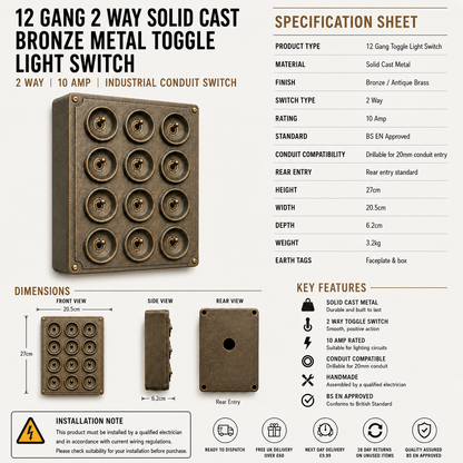 12 Gang 2 Way Antique Brass Solid Cast Metal Conduit Toggle Light Switch