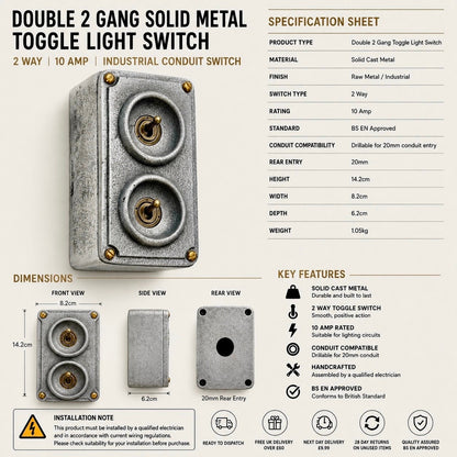 Double 2 Gang Cast Metal Toggle Light Switch | Industrial 2 Way