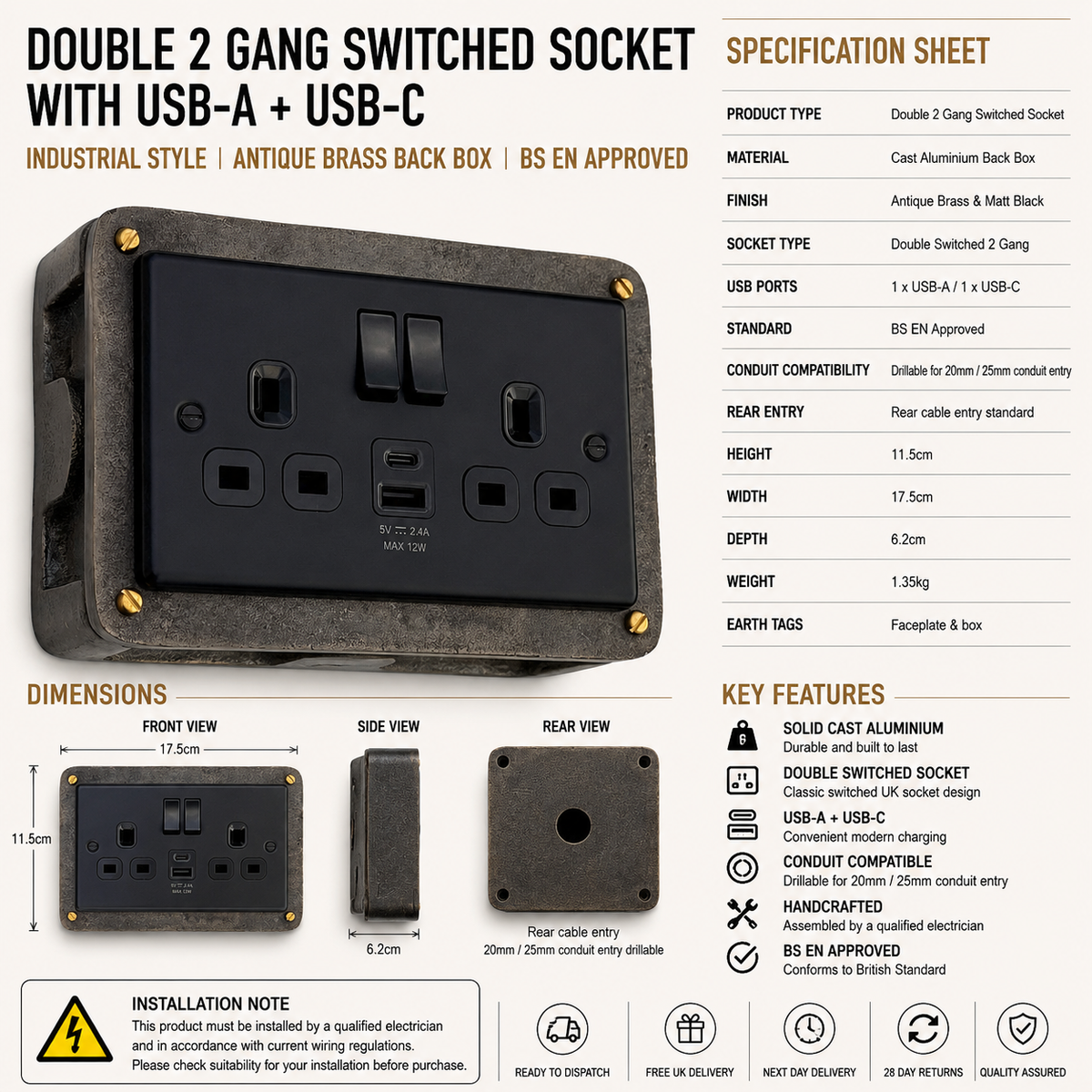 Matt Black Double Gang Plug Socket with Industrial Antique Brass Back Conduit Box