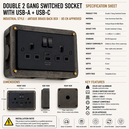 Matt Black Double Gang Plug Socket with Industrial Antique Brass Back Conduit Box