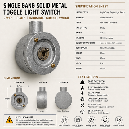 Single Gang Metal Conduit Light Switch | 2 Way Industrial Vintage Style