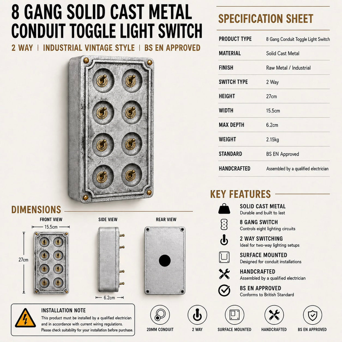 8 Gang 2 Way Solid Cast Metal Conduit Light Switch Industrial