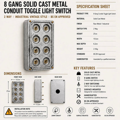 8 Gang 2 Way Solid Cast Metal Conduit Light Switch Industrial
