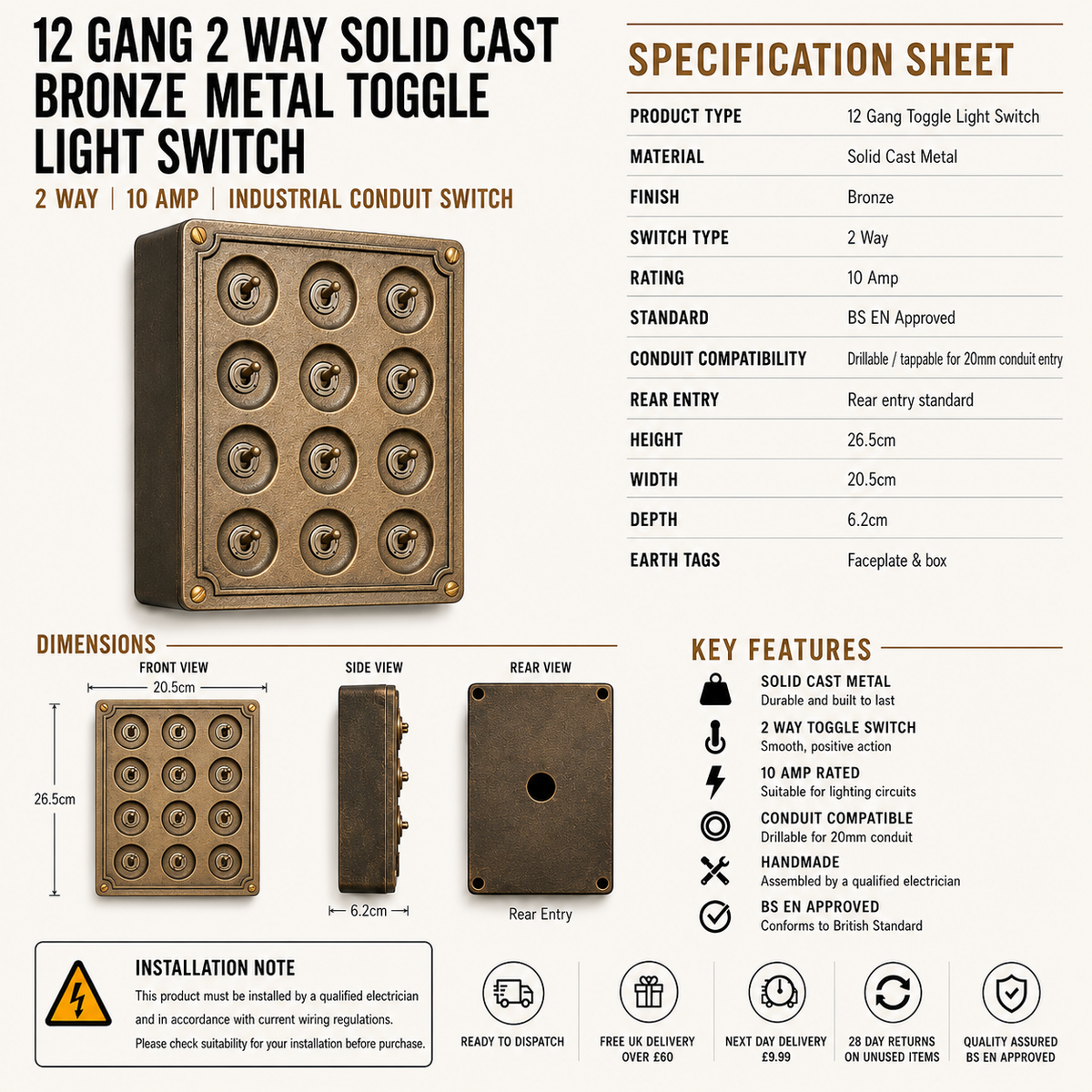12 Gang 2 Way Bronze Cast Metal Light Switch | Surface Mount Industrial Toggle