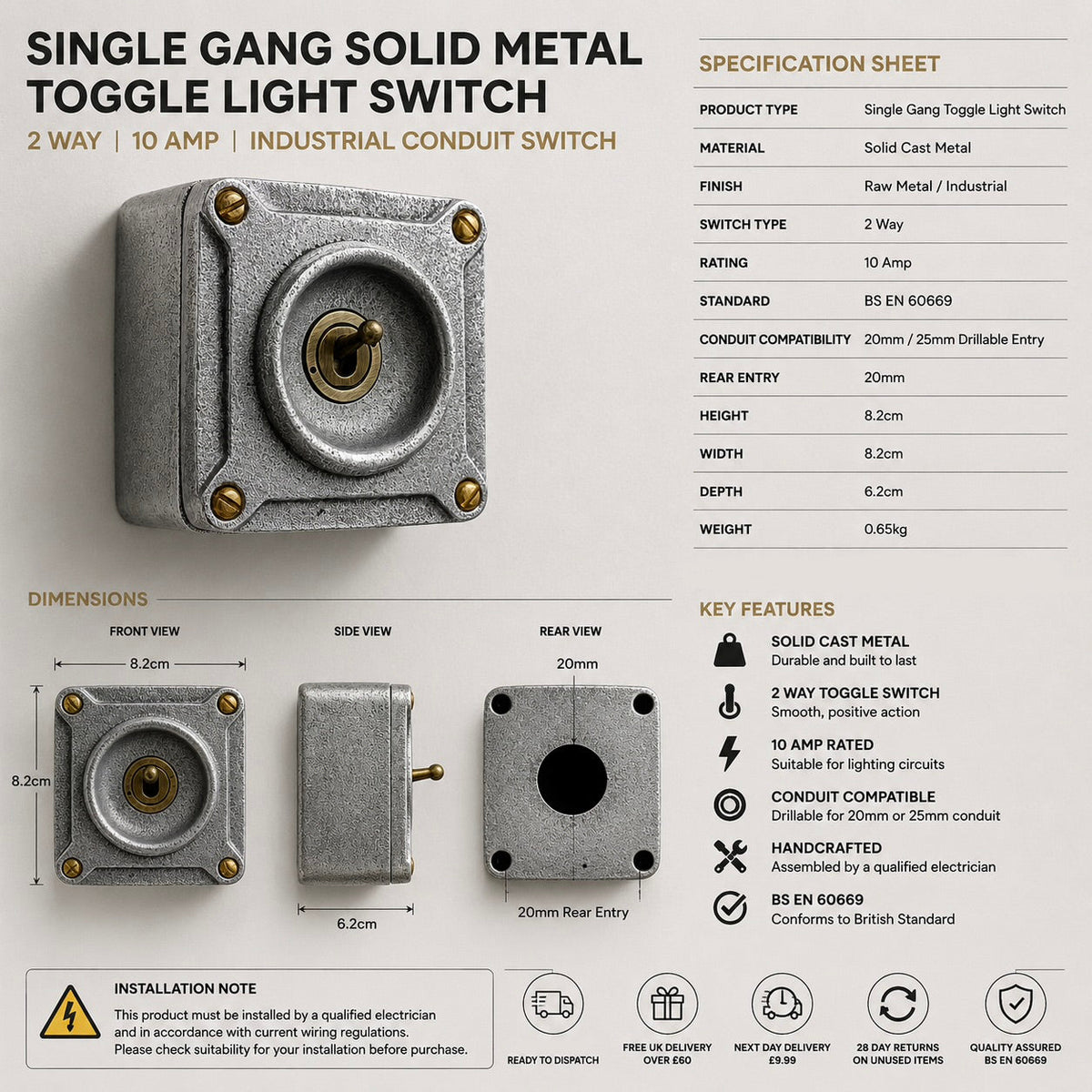 Single Gang Cast Aluminium Conduit Toggle Light Switch | 2 Way
