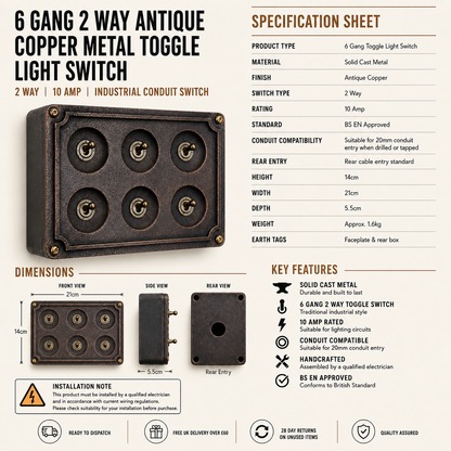 6 Gang 2 Way Antique Copper Toggle Light Switch | Metal Conduit
