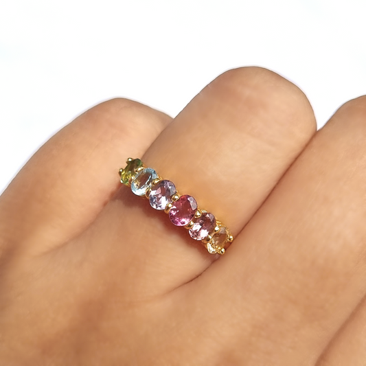 Rainbow Multicoloured Gemstone Half Eternity Ring in 18k Gold Vermeil