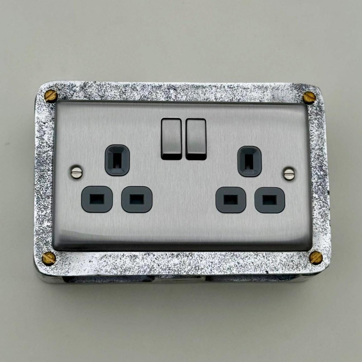 Brushed Steel Double Switched 13A Power Socket Grey Insert 230V 2 Gang 2G