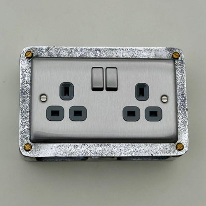 Brushed Steel Double Switched 13A Power Socket Grey Insert 230V 2 Gang 2G