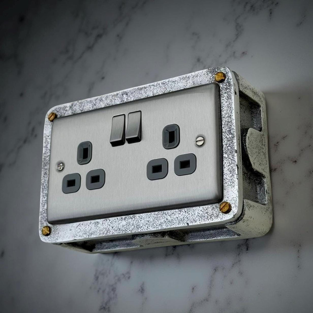 Brushed Steel Double Switched 13A Power Socket Grey Insert 230V 2 Gang 2G