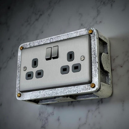Brushed Steel Double Switched 13A Power Socket Grey Insert 230V 2 Gang 2G