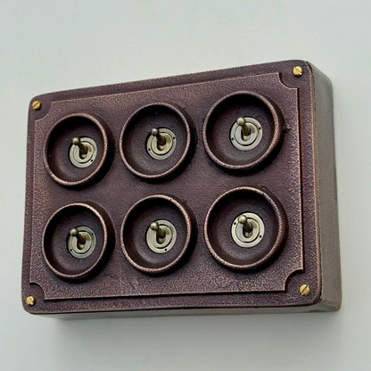 6 Gang 2 Way Antique Copper Conduit Toggle Light Switch | Cast Metal