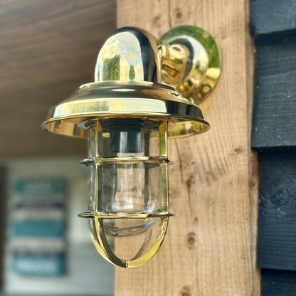 Wells Solid Brass Caged Swan Neck Wall Light - IP65