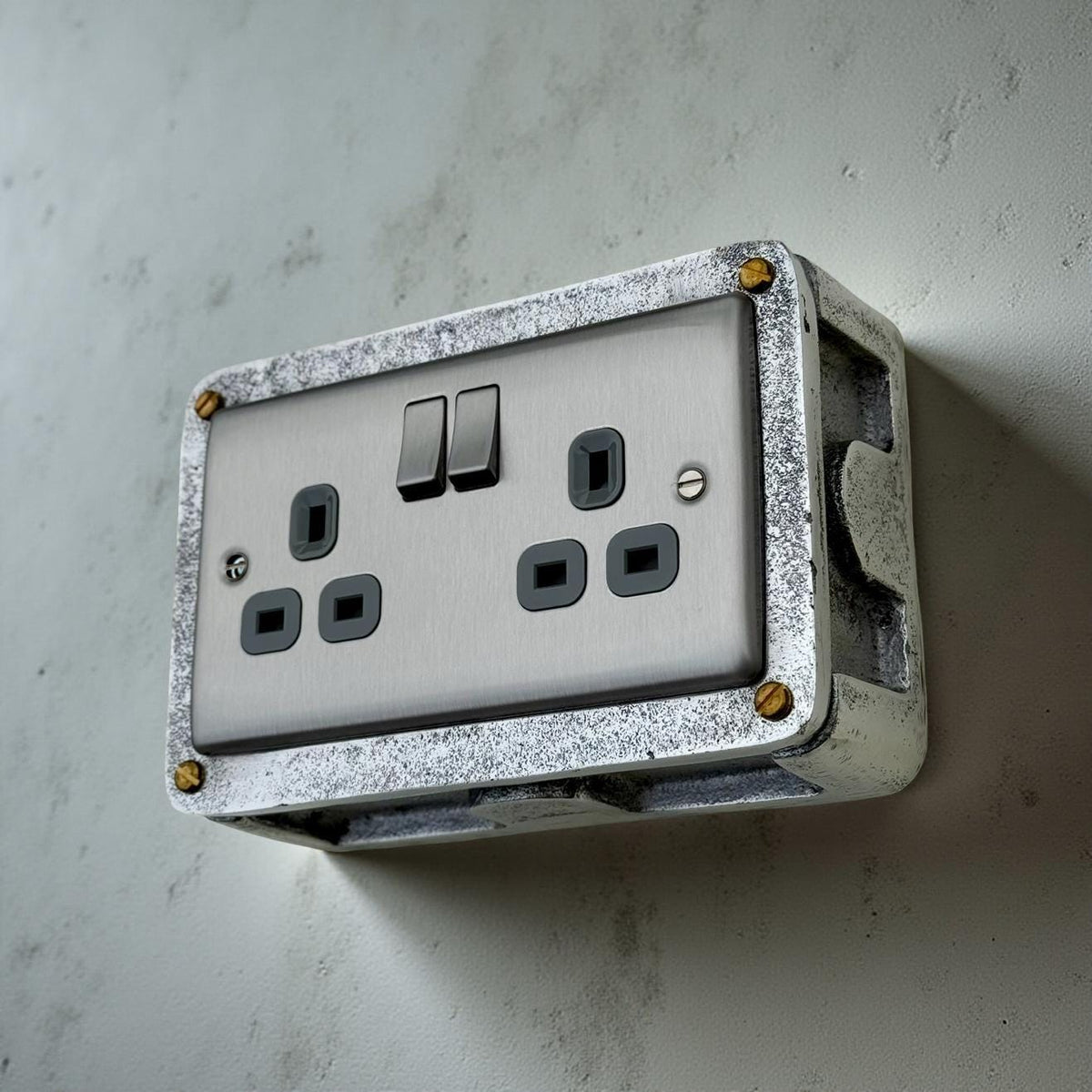 Brushed Steel Double Switched 13A Power Socket Grey Insert 230V 2 Gang 2G