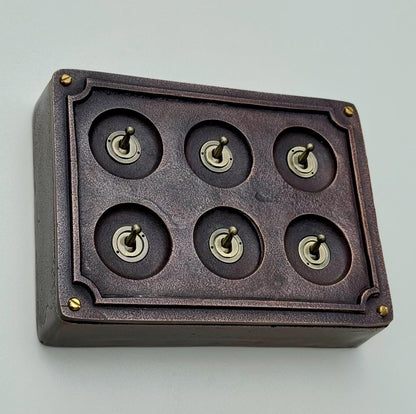 6 Gang 2 Way Antique Copper Toggle Light Switch | Metal Conduit