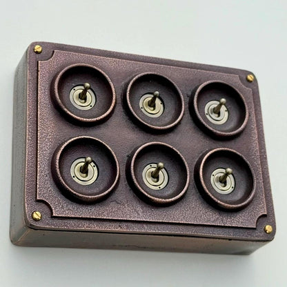 6 Gang 2 Way Antique Copper Conduit Toggle Light Switch | Cast Metal