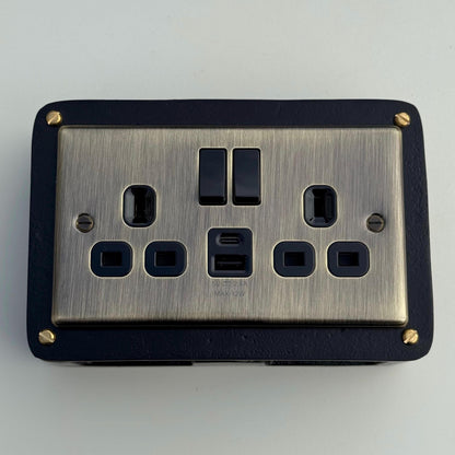 Antique Brass Double Gang Plug Socket with Industrial Black Cast Back Conduit Box