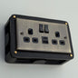 Antique Brass Double Gang Plug Socket with Industrial Black Cast Back Conduit Box