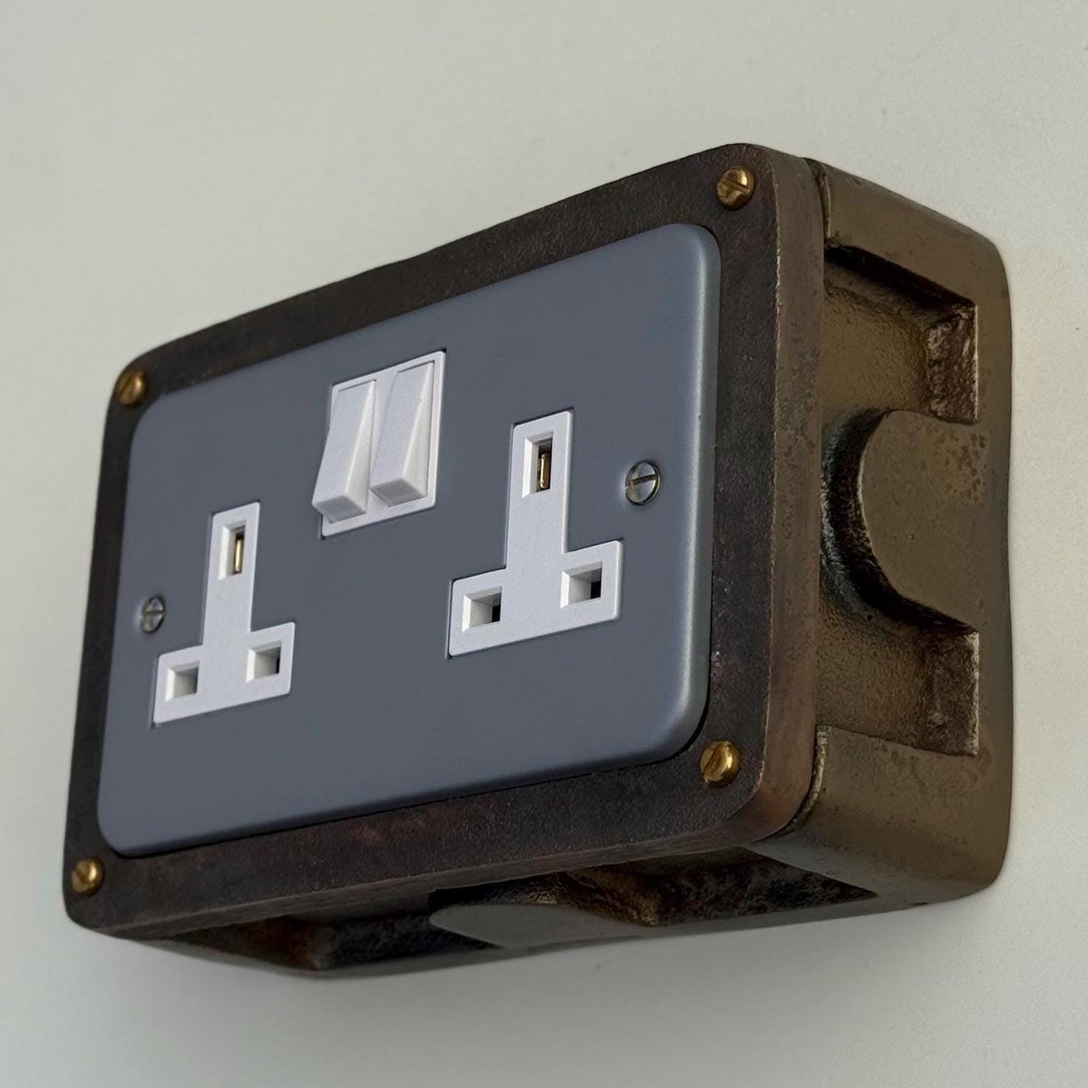 Grey Metal Clad Double Switched 13A Power Socket 230V 2 Gang Socket Antique Brass Conduit Switch