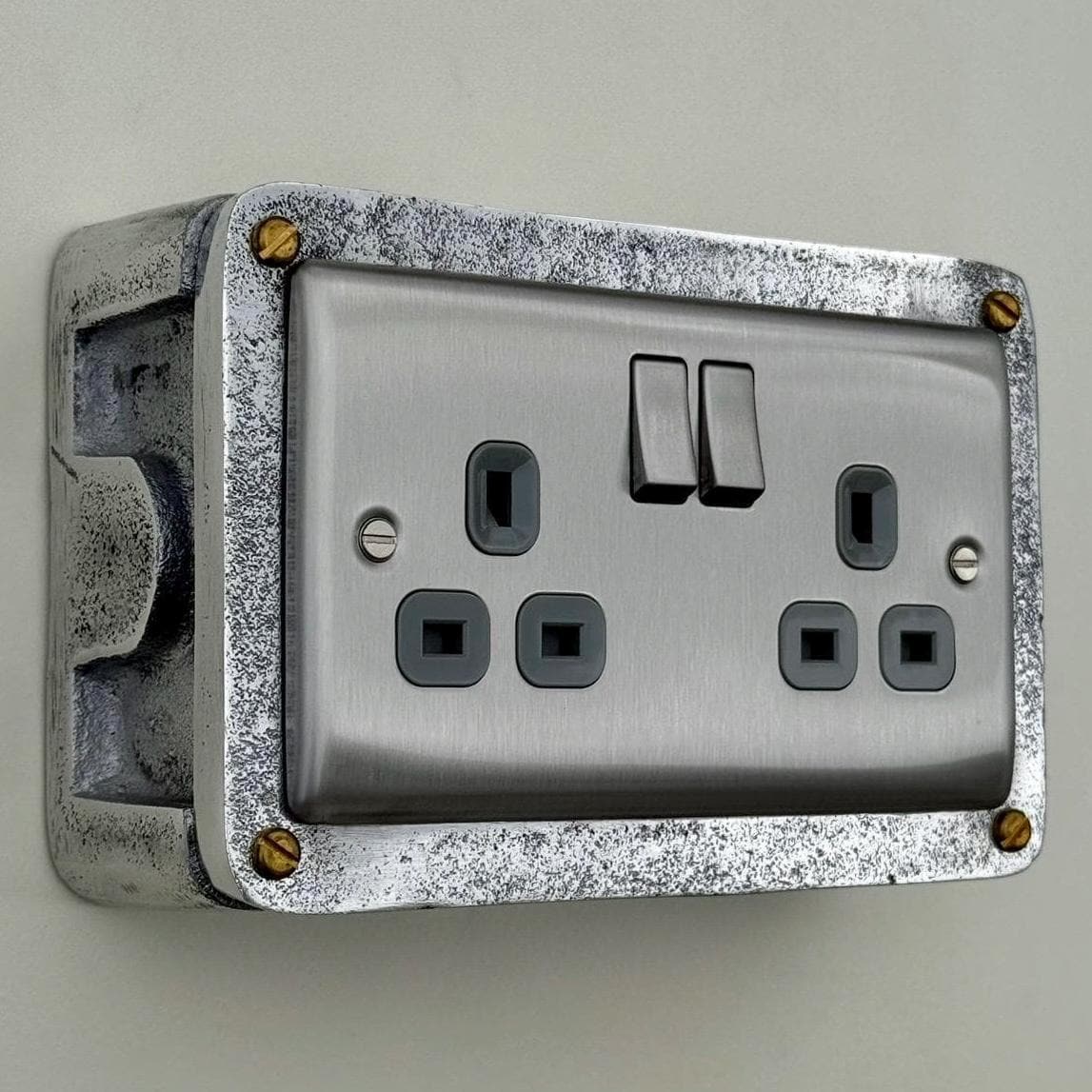 Brushed Steel Double Switched 13A Power Socket Grey Insert 230V 2 Gang 2G