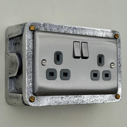 Brushed Steel Double Switched 13A Power Socket Grey Insert 230V 2 Gang 2G