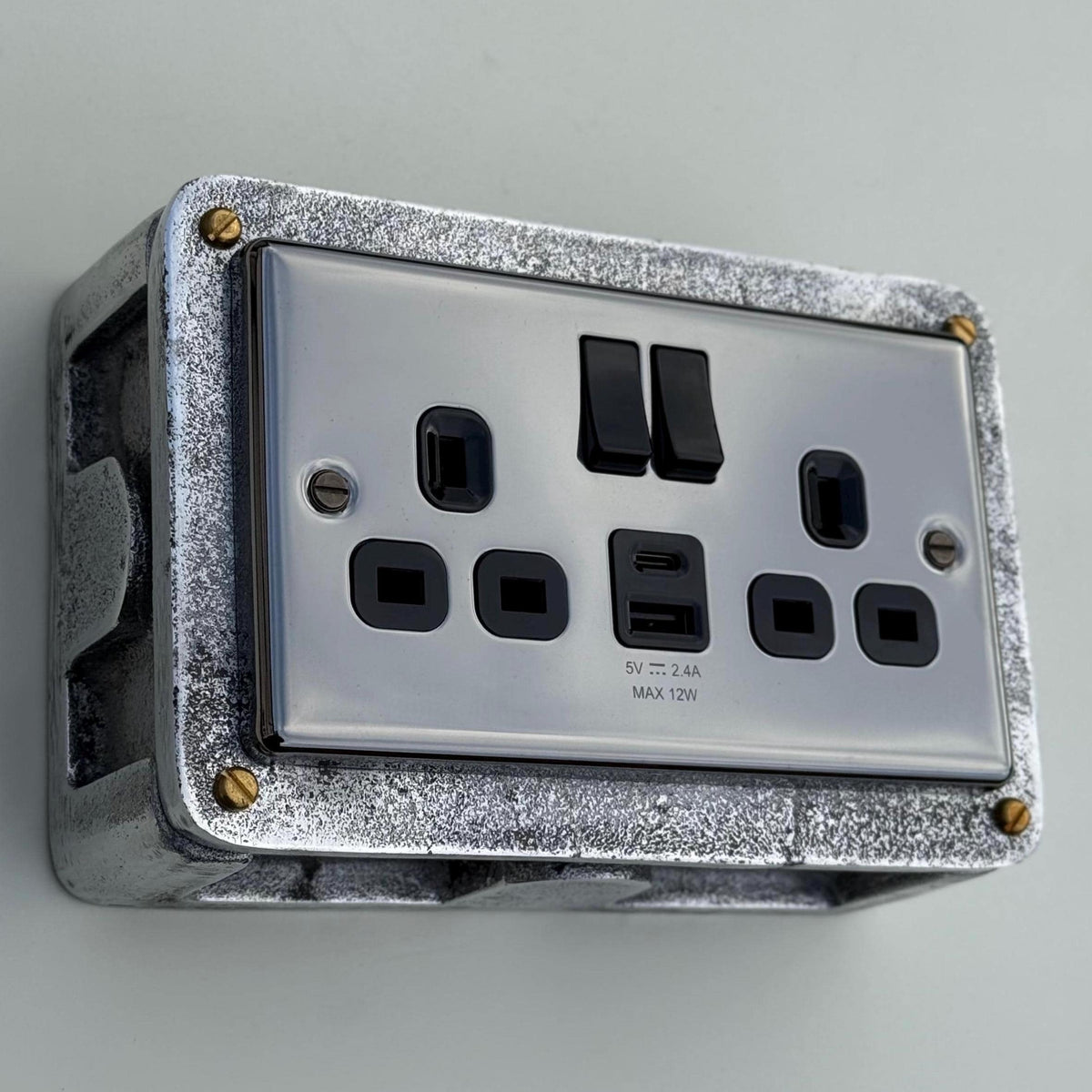 Black Nickel Double Switched 13A Socket | 2 Gang Solid Cast Metal Industrial Power Socket
