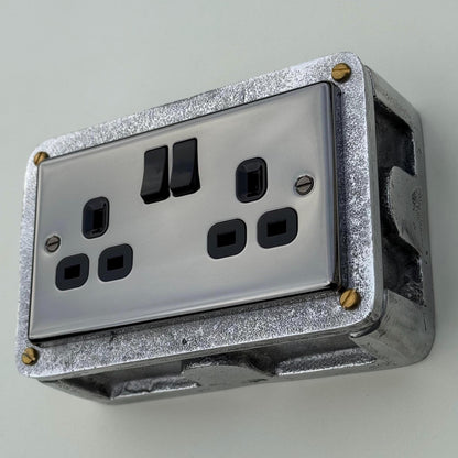 Black Nickel Double Switched 13A Socket | 2 Gang Solid Cast Metal Industrial Power Socket