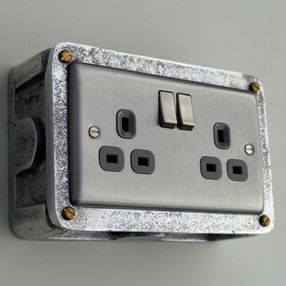 Brushed Steel Double Switched 13A Power Socket Grey Insert 230V 2 Gang 2G