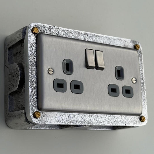 Brushed Steel Double Switched 13A Power Socket Grey Insert 230V 2 Gang 2G