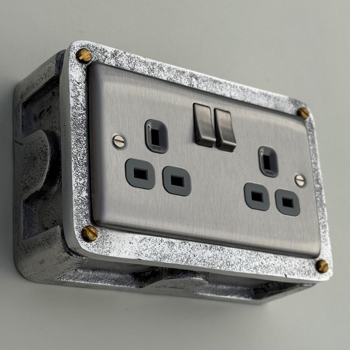 Brushed Steel Double Switched 13A Power Socket Grey Insert 230V 2 Gang 2G