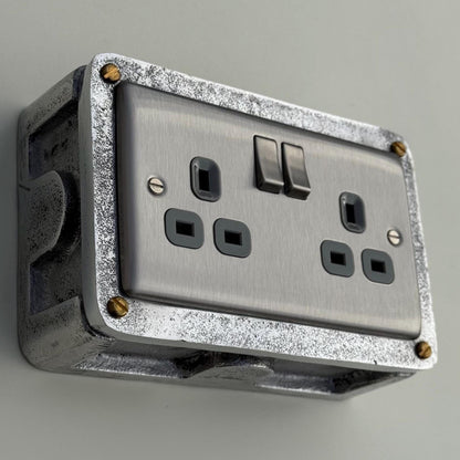 Brushed Steel Double Switched 13A Power Socket Grey Insert 230V 2 Gang 2G