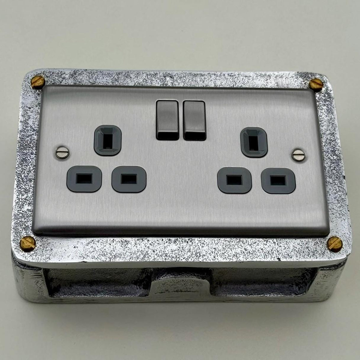 Brushed Steel Double Switched 13A Power Socket Grey Insert 230V 2 Gang 2G