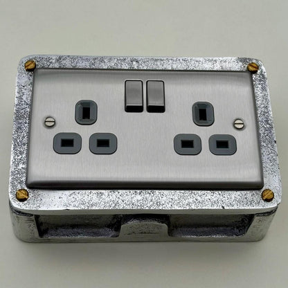 Brushed Steel Double Switched 13A Power Socket Grey Insert 230V 2 Gang 2G