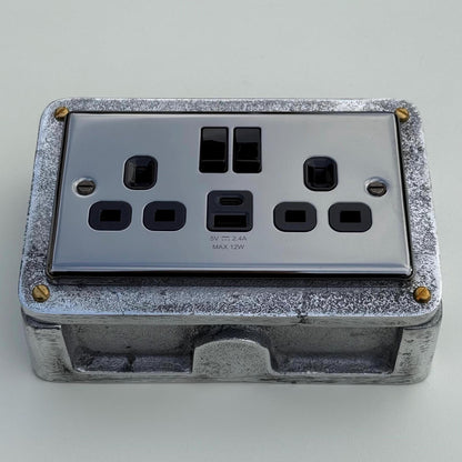Black Nickel Double Switched 13A Socket | 2 Gang Solid Cast Metal Industrial Power Socket