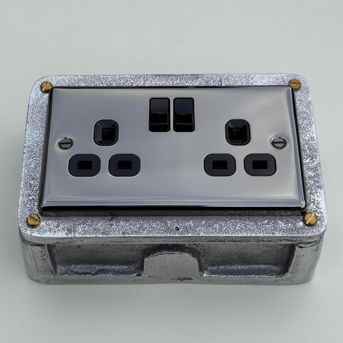 Black Nickel Double Switched 13A Socket | 2 Gang Solid Cast Metal Industrial Power Socket