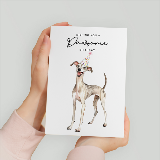 Whippet Birthday Card – Cute Dog Lover Card with Party Hat – Pawsome Birthday Greeting Card for Dog Owners